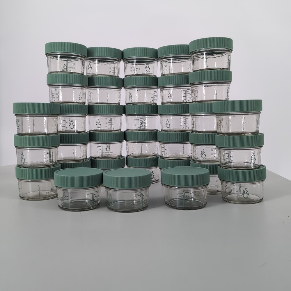 Sage Spoonfuls Glass Baby Food Storage Jars 4oz Lot of 34 Green Lids